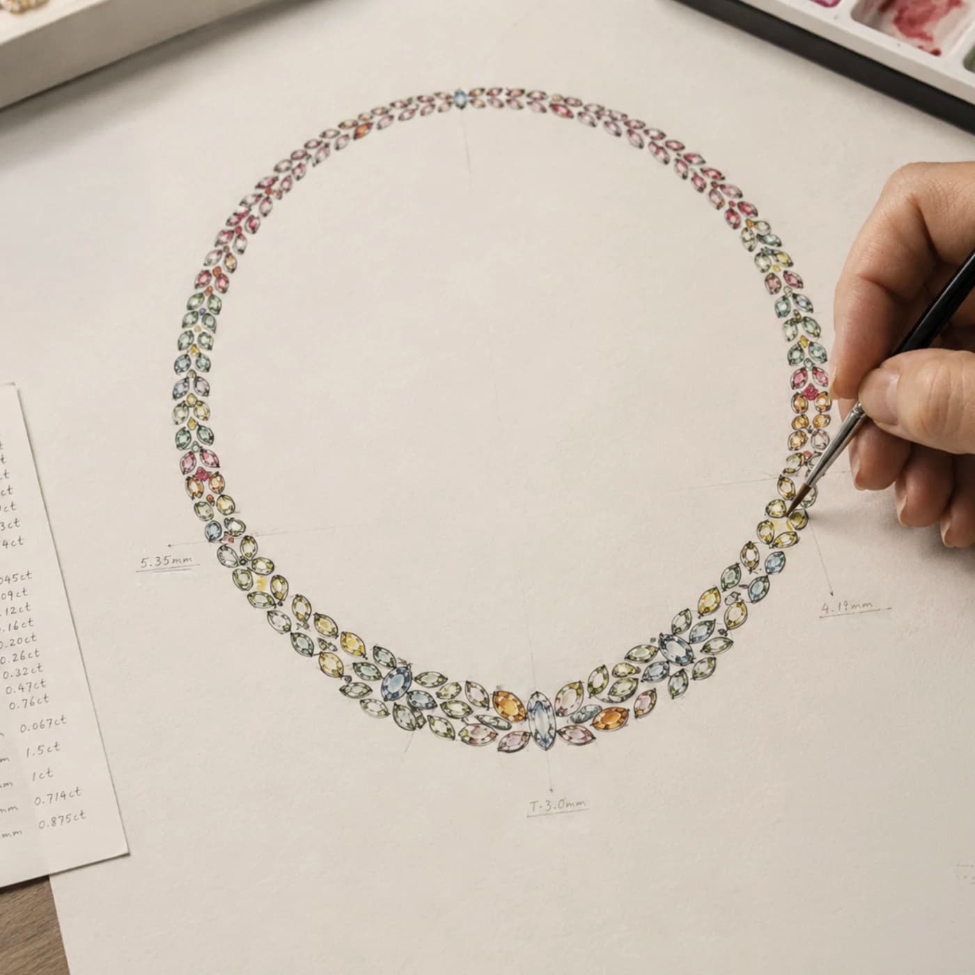The ⅡA design studio: a watercolour sketch of a piece beside its specification sheet